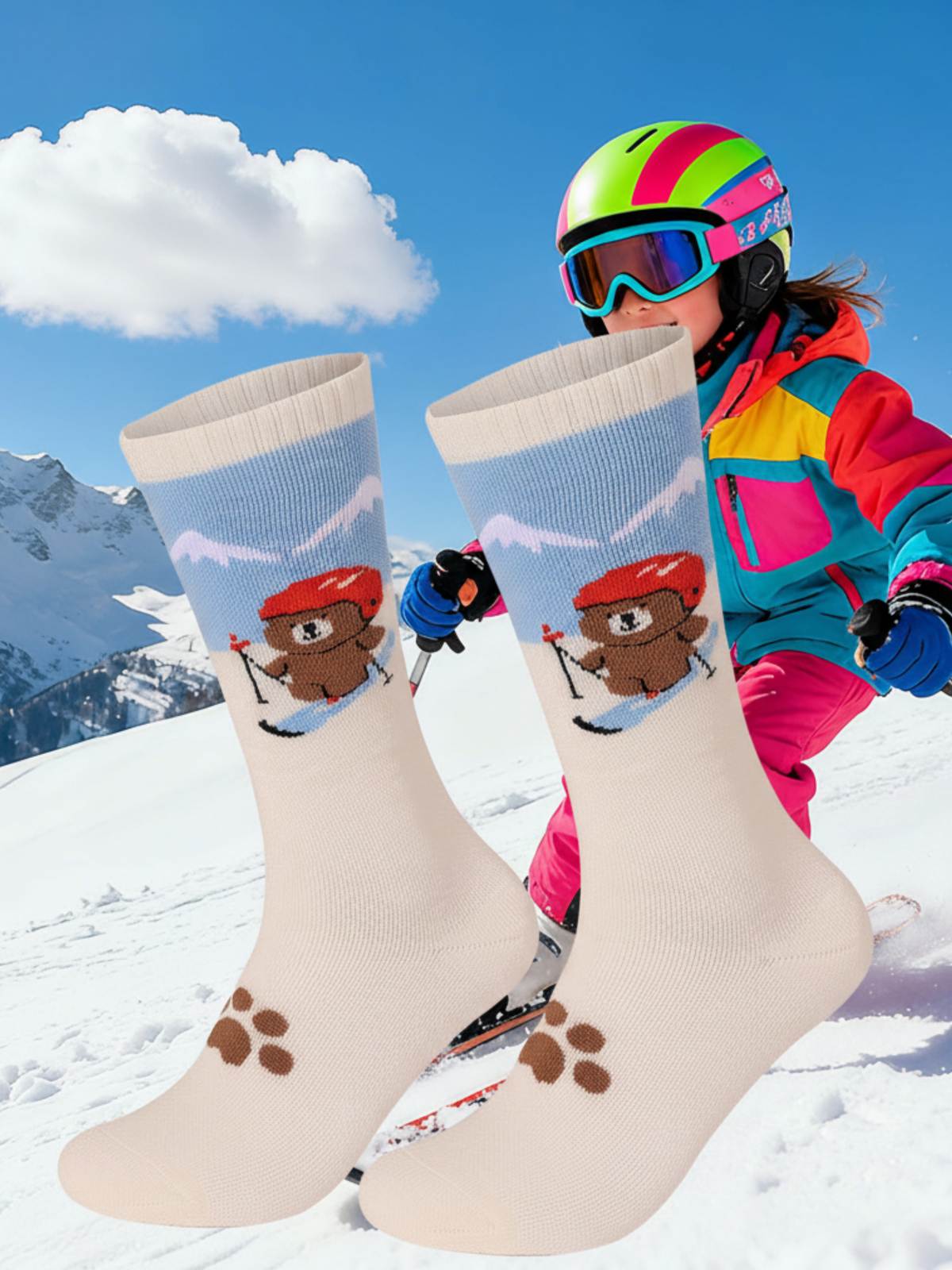 High Performance Kids Bear Pattern Ski Socks