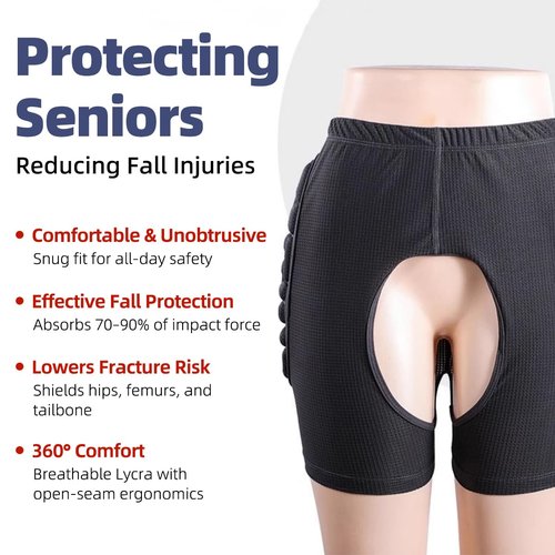 EVA Reinforced Fall Protection Padded Shorts for Seniors with Fall Risks Osteoporosis Rehabilitation – Shock-Absorbing Hip Guards with Open Seam Design, Reusable Elderly Safety Gear (XL)