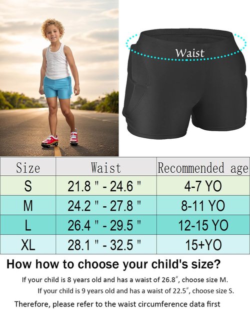 Reomoto Kids Hip Protection Pads Shorts Skiing Skating Snowboard Hip Protection Pads EVA 3D Padded Hip Bone Protection Pants for Teenagers (Black, S)