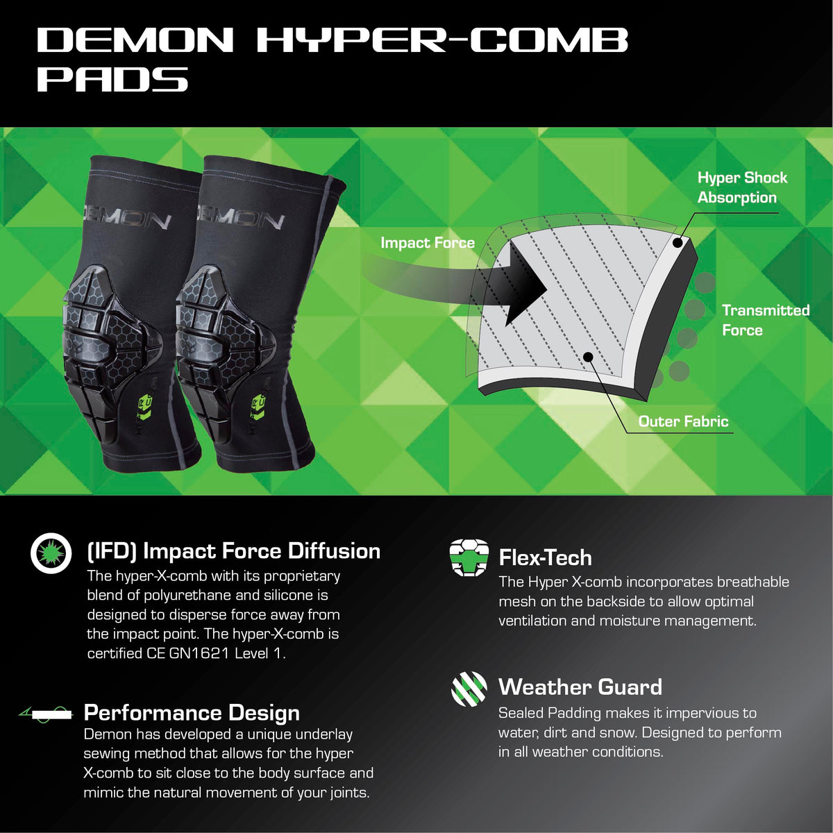 Knee Pads — Demon Hyper-Comb, Multi-Sport Protection